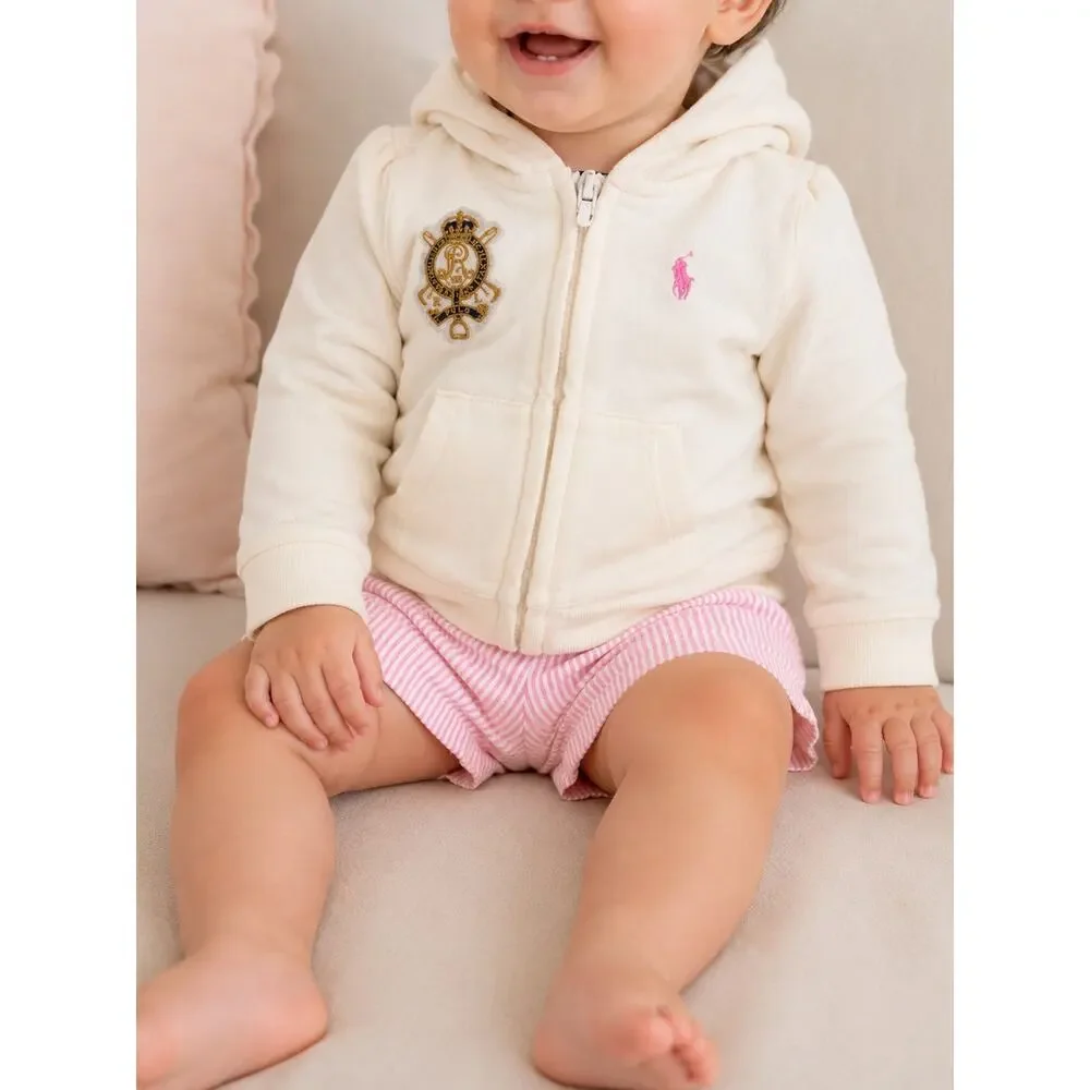 Ralph Lauren Baby Girls Cream Crest Zip Hoodie 12M Preppy Quiet Luxury
